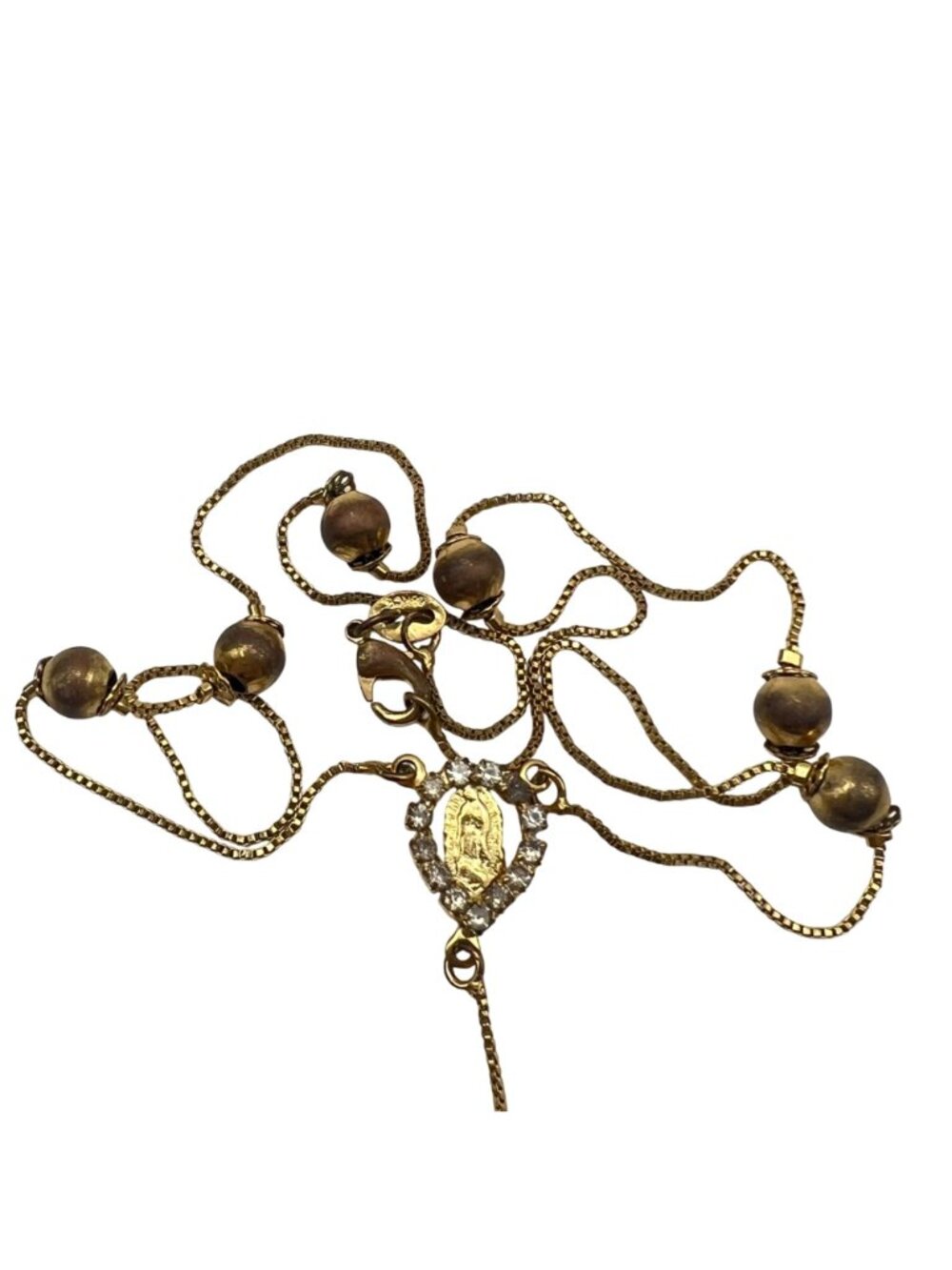 Vintage 18k Gold Filled Rosary Necklace Miraculous Medal Rhinestone Y Drop LOOK - Picture 4 of 8